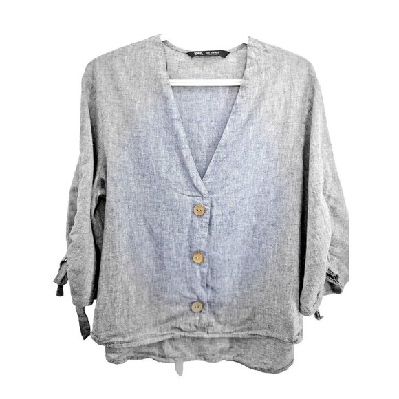 Zara Woman Sz Med  Soft Blue Chambray Fabric Tied Sleeves Casual Sophisticated - Picture 1 of 8